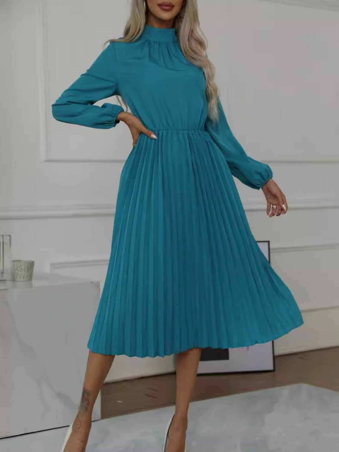 Mock Neck Long Sleeve Pleated Dress - Classique Collection