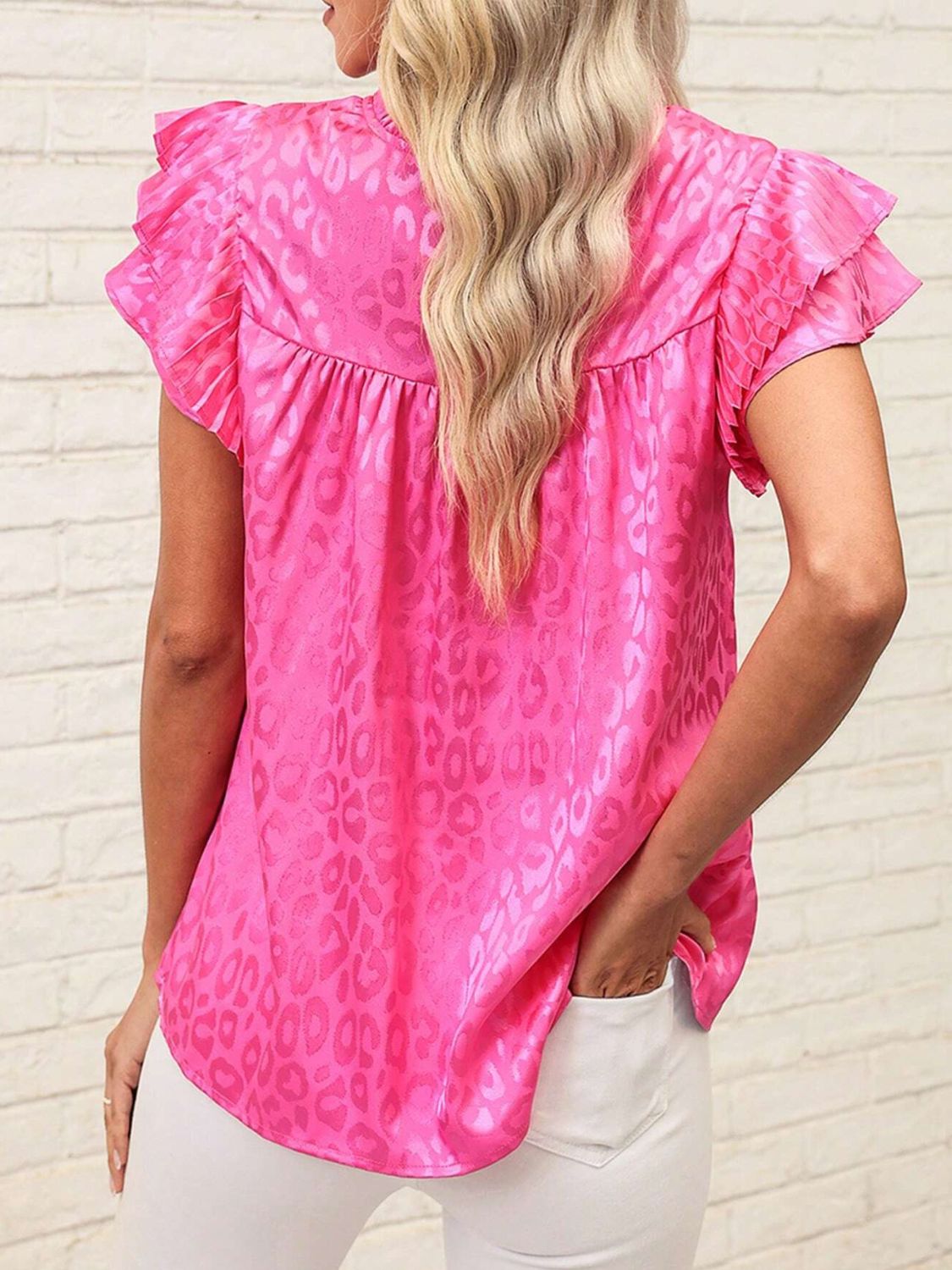 Leopard Frill Mock Neck Ruffled Cap Sleeve Top - Classique Collection