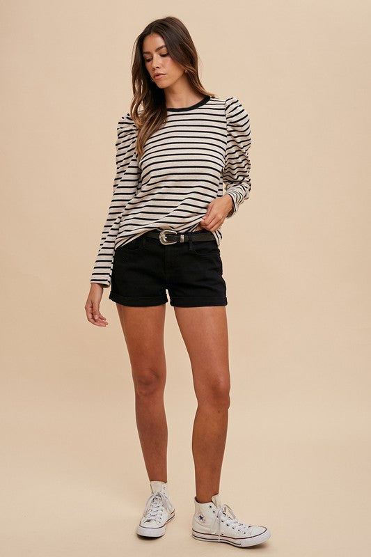 Annie Wear Striped Round Neck Puff Sleeve French Terry Top - ClassiQ