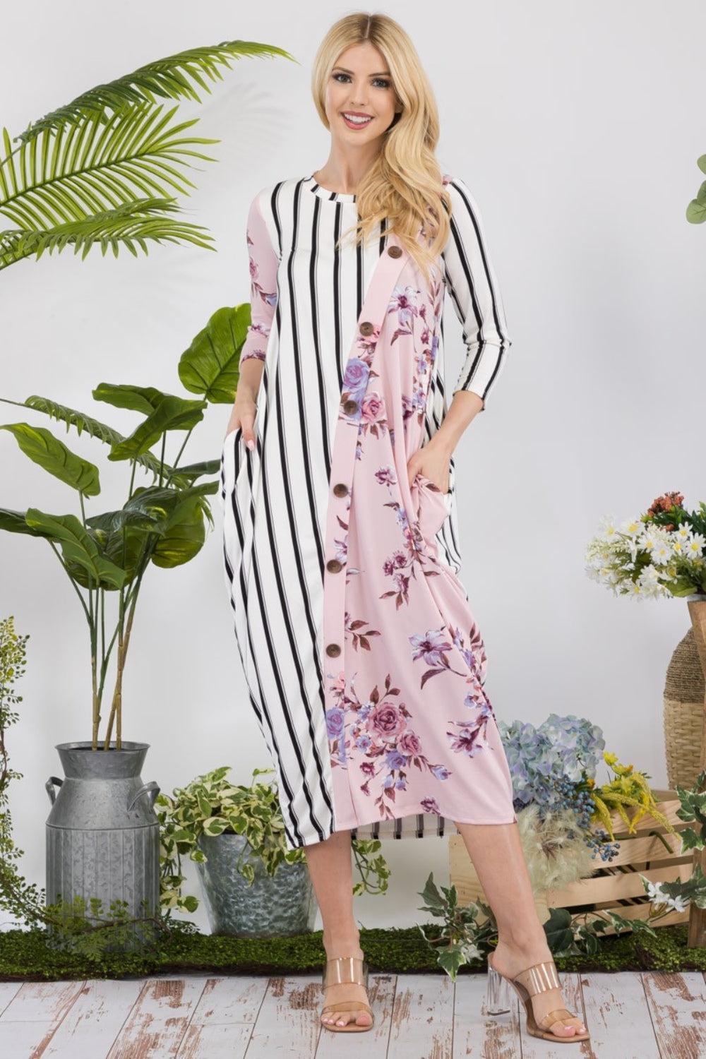 Celeste Full Size Floral Striped Contrast Midi-Dress with Pockets - Classique Collection