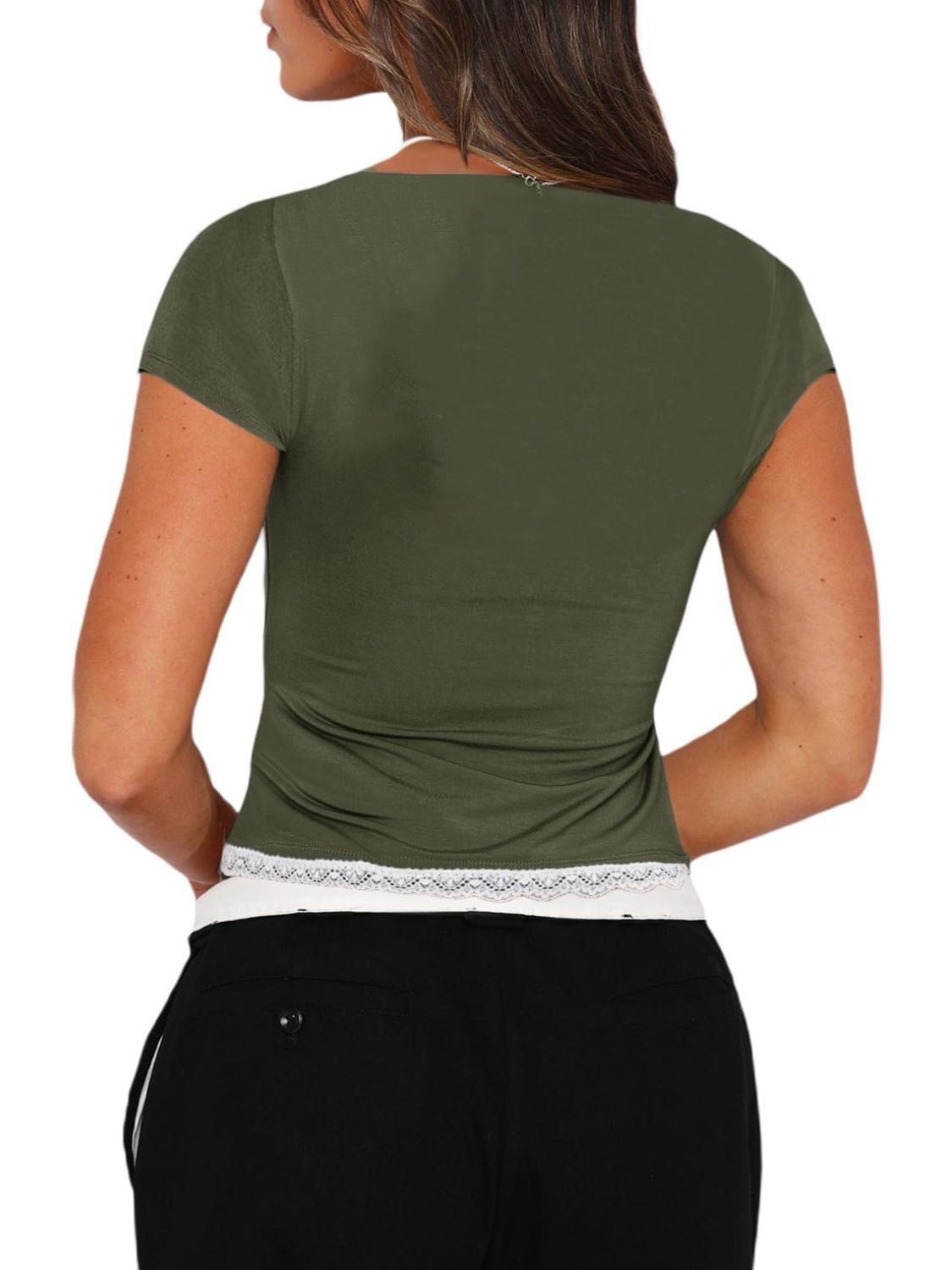Lace Detail Sweetheart Neck Short Sleeve T-Shirt - Classique Collection
