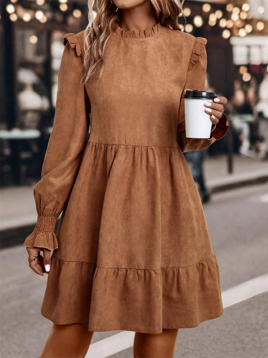 Frill Round Neck Long Sleeve Mini Dress - Classique Collection