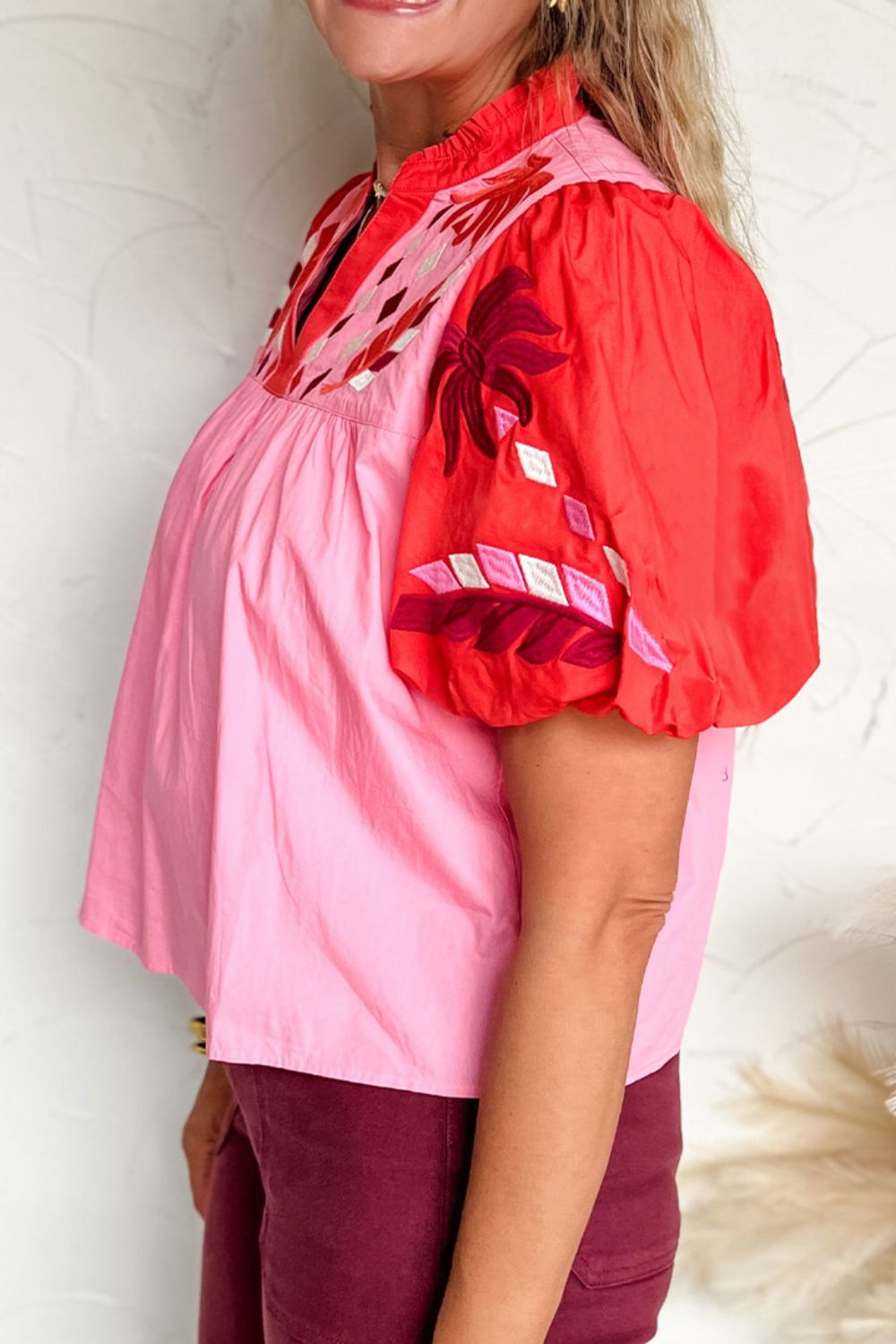 Embroidered Notched Short Sleeve Babydoll Blouse - Classique Collection
