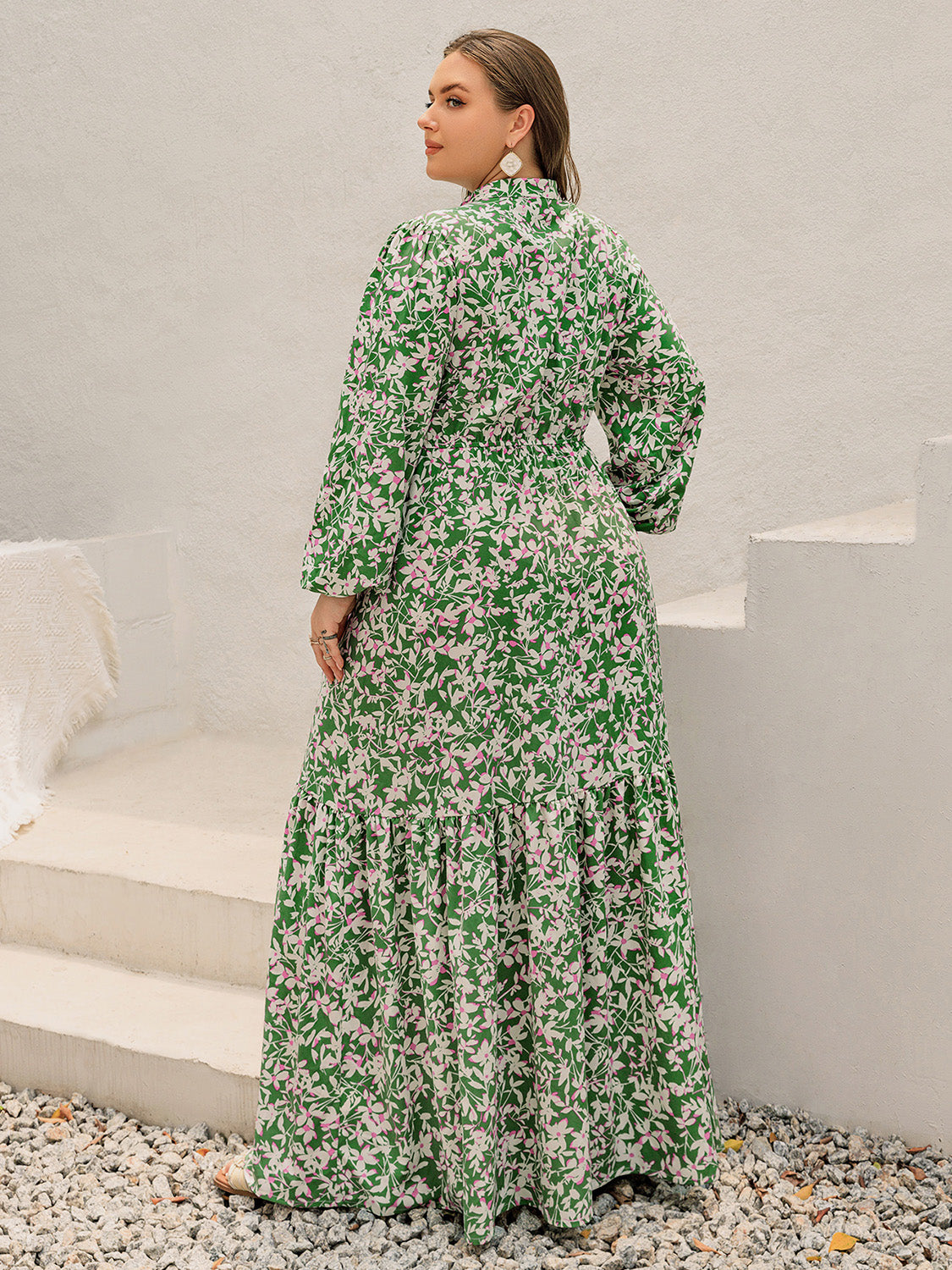 Plus Size Printed Notched Long Sleeve Maxi Dress - Classique Collection