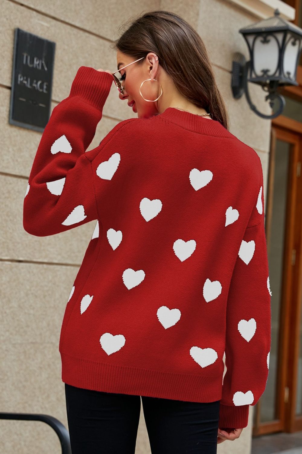 Woven Right Heart Pattern Lantern Sleeve Round Neck Tunic Sweater - ClassiQ