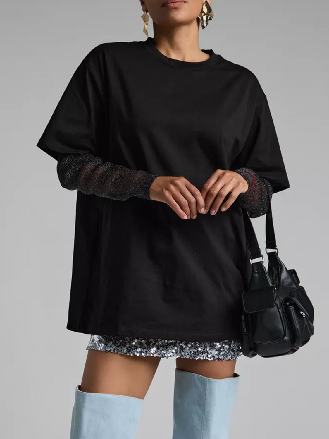 Faux Layered Round Neck Mesh Sleeve Top - Classique Collection