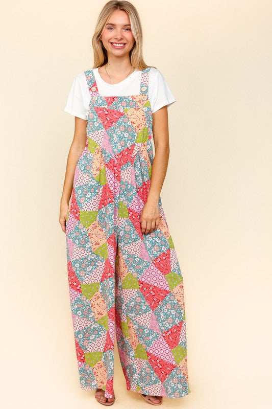 Haptics Full Size Printed Wide Leg Overalls with Side Pockets - Classique Collection