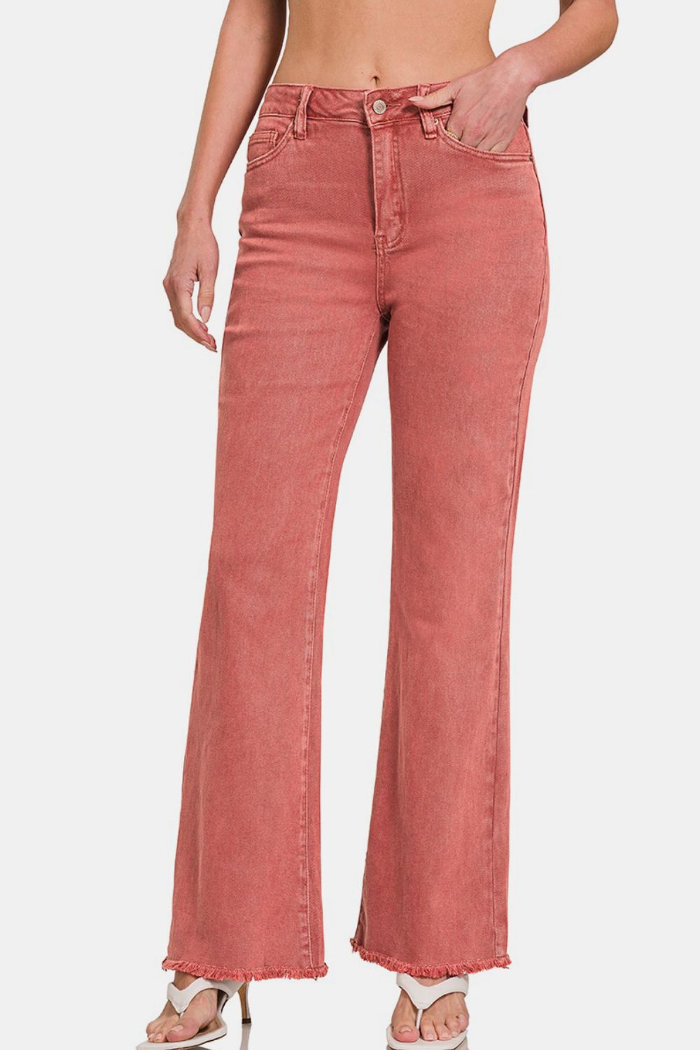 Zenana Acid Washed Frayed Hem Bootcut Jeans - Classique Collection