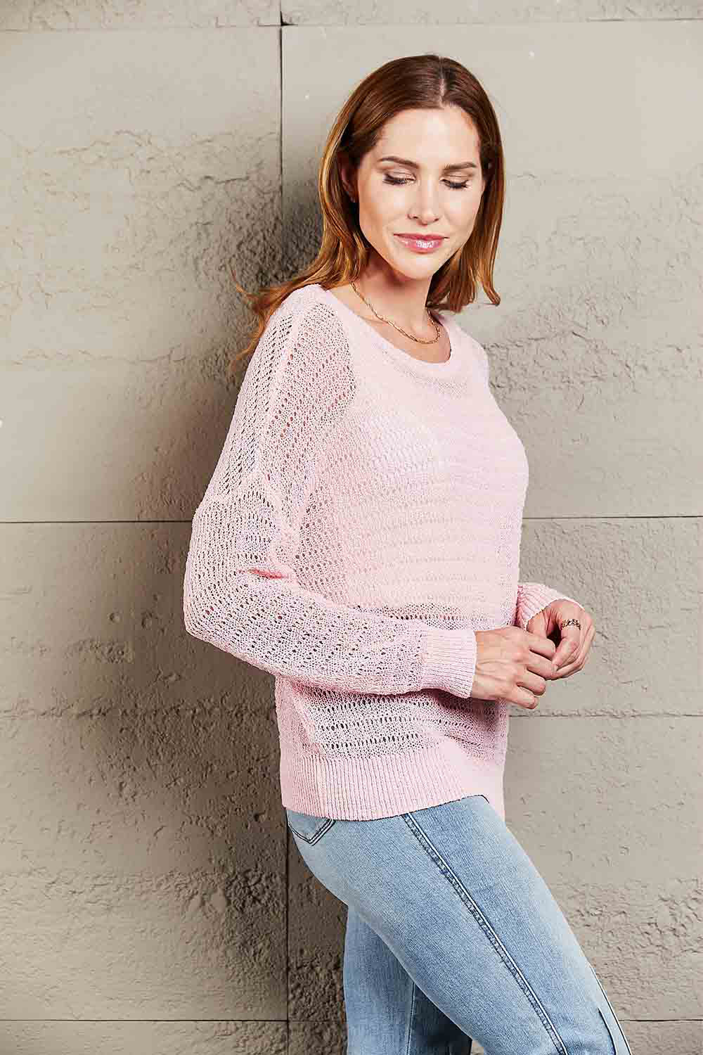 Openwork Round Neck Dropped Shoulder Knit Top - Classique Collection