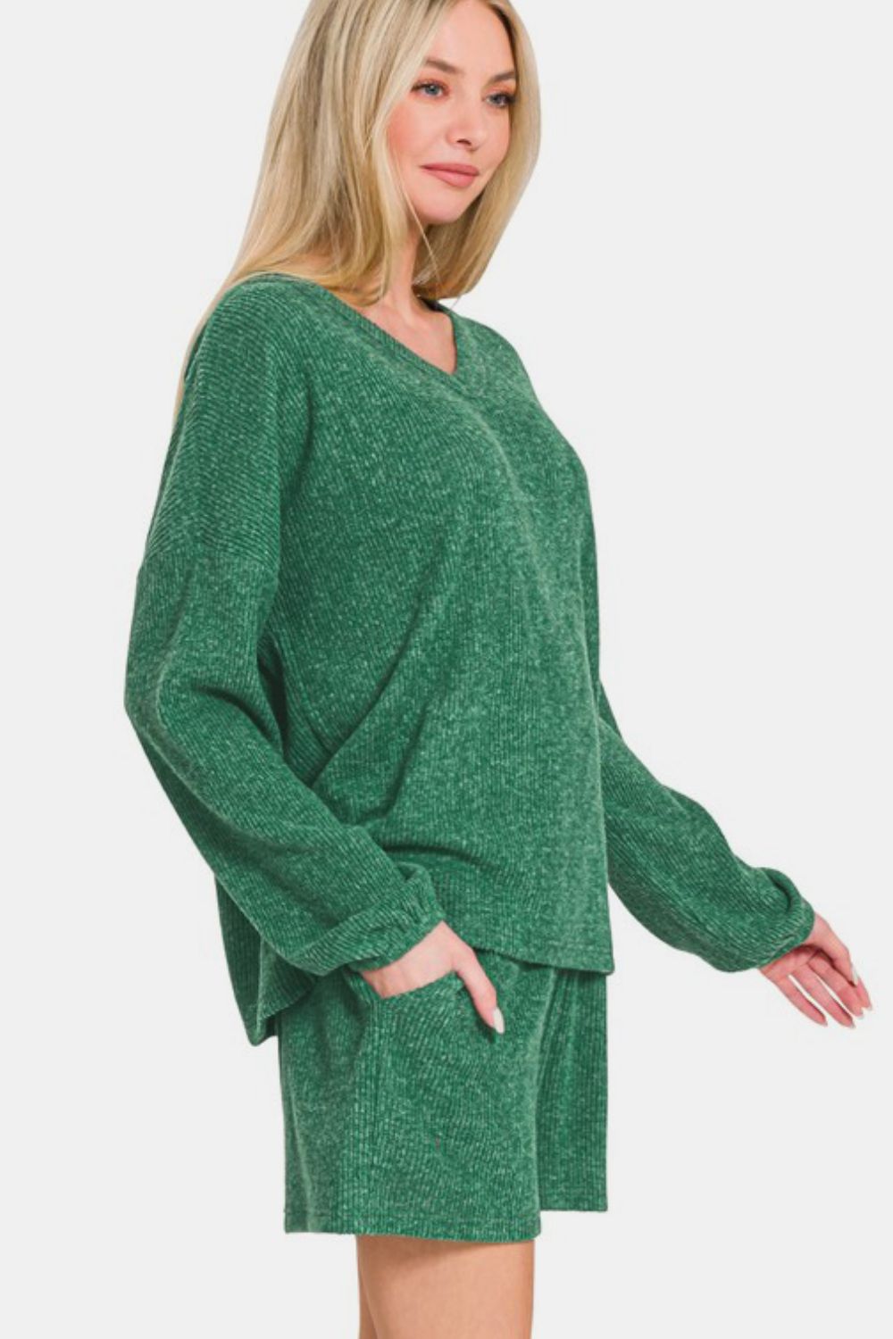Zenana V-Neck Long Sleeve Ribbed Top and Shorts Set - ClassiQ