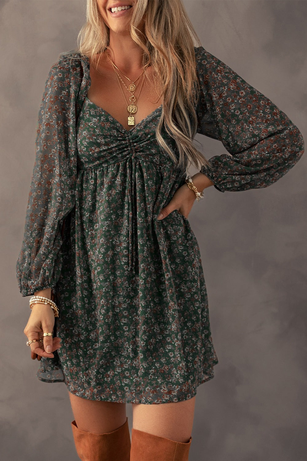 Ruched Printed Long Sleeve Mini Dress - Classique Collection