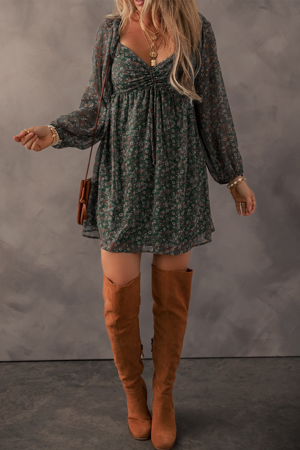 Ruched Printed Long Sleeve Mini Dress - Classique Collection