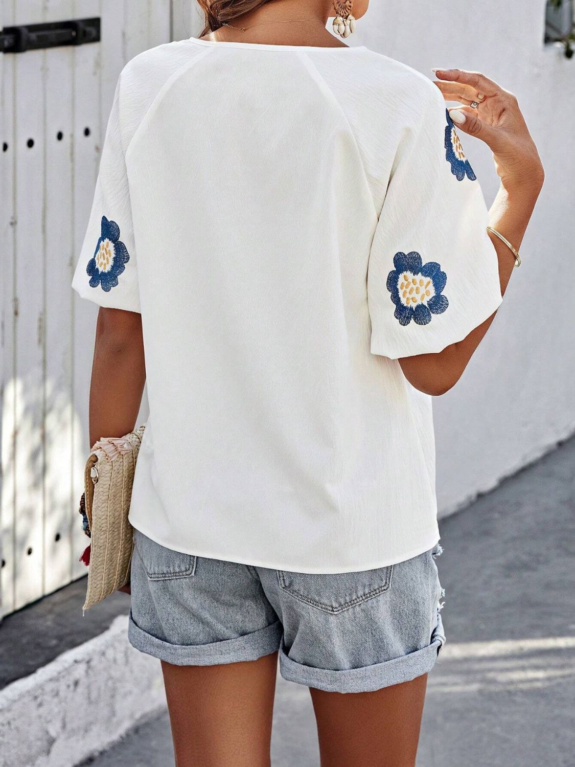 Embroidered Tie Neck Puff Sleeve Blouse - Classique Collection
