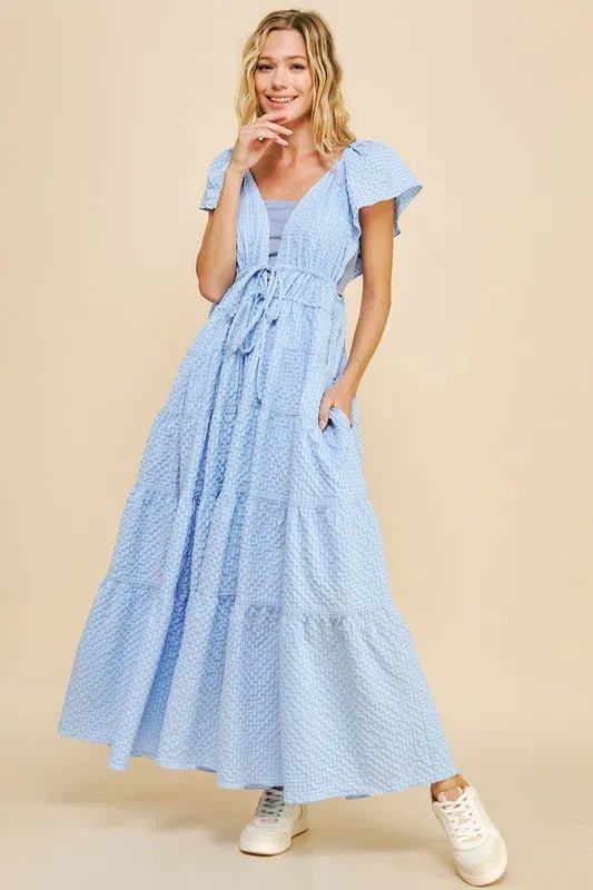 Davi & Dani Crinkled Texture Flutter Cap Sleeve Midi Dress