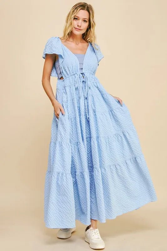 Davi & Dani Crinkled Texture Flutter Cap Sleeve Midi Dress