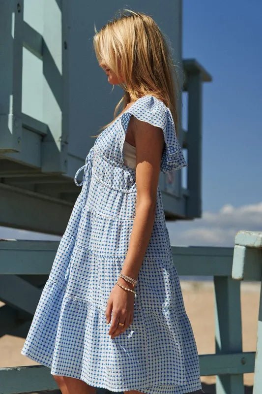 Davi & Dani Jacquard V - Neck Flutter Cap Sleeve Tiered Dress