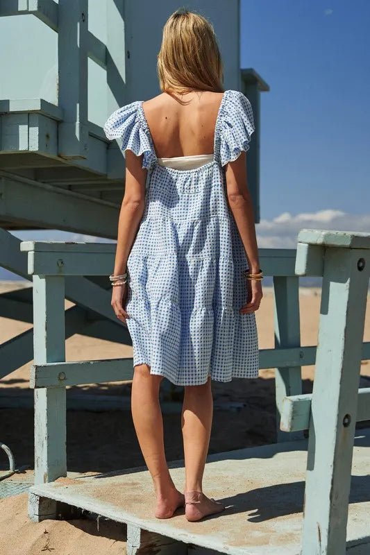 Davi & Dani Jacquard V - Neck Flutter Cap Sleeve Tiered Dress