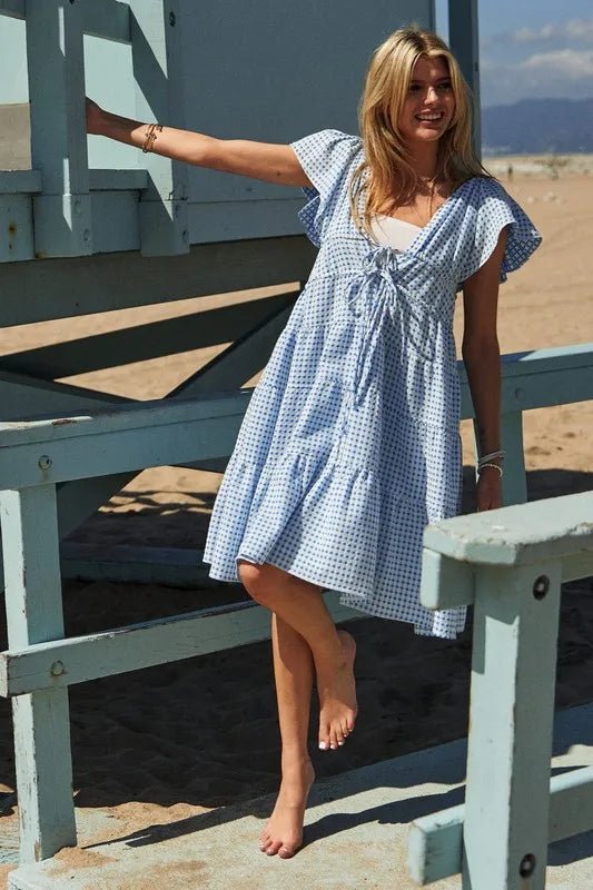 Davi & Dani Jacquard V - Neck Flutter Cap Sleeve Tiered Dress