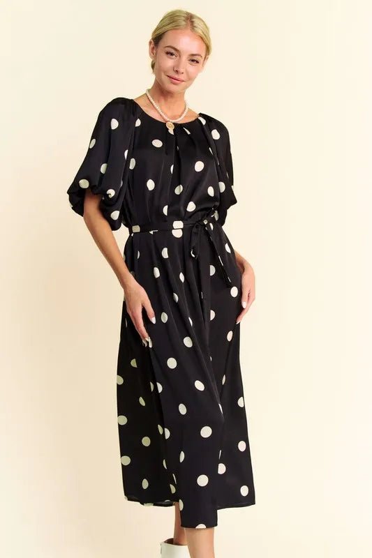 Davi & Dani Polka Dot Puff Sleeves Waist Tie Midi Dress