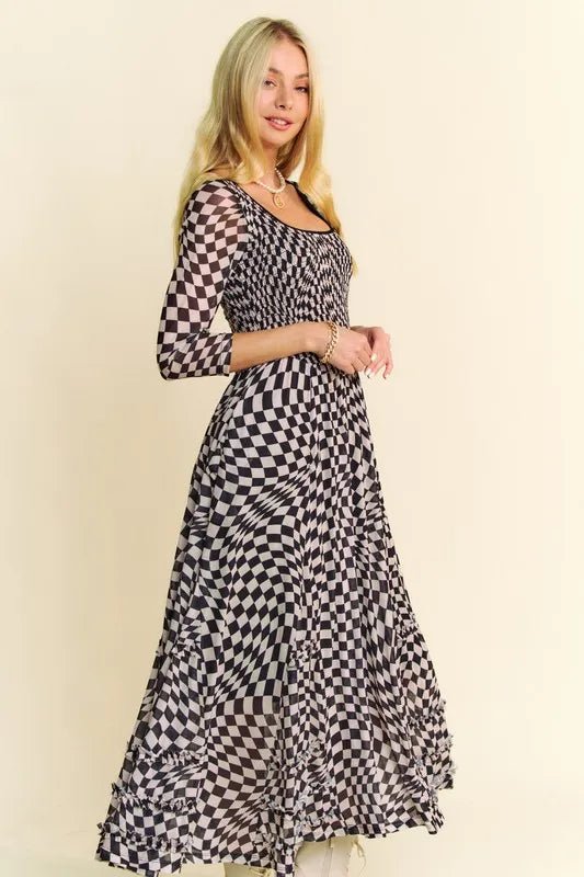 Davi & Dani Printed Checker Mesh Flowy Maxi Dress