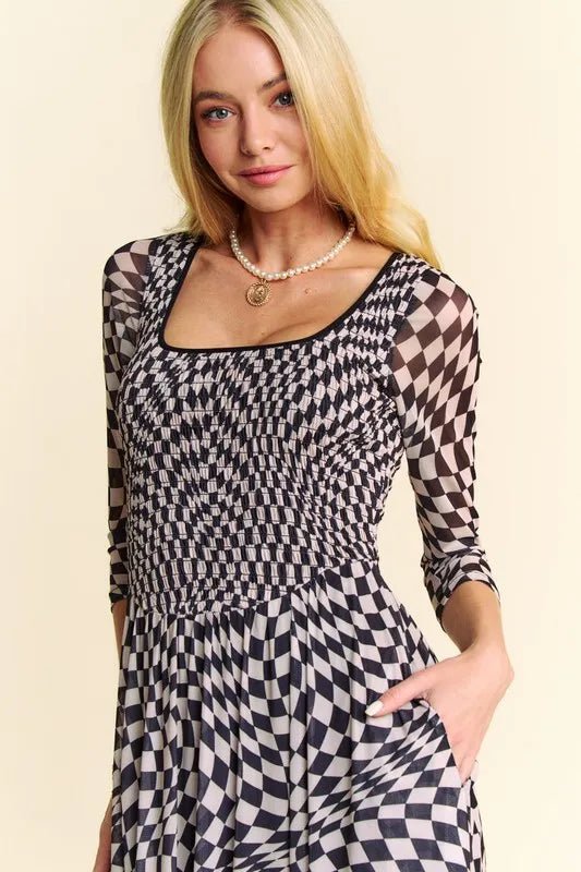 Davi & Dani Printed Checker Mesh Flowy Maxi Dress