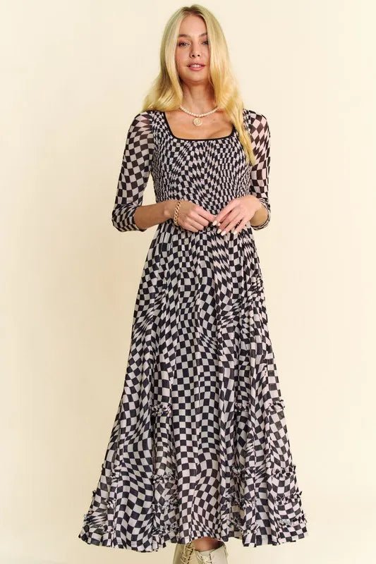 Davi & Dani Printed Checker Mesh Flowy Maxi Dress