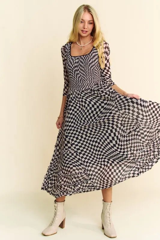 Davi & Dani Printed Checker Mesh Flowy Maxi Dress