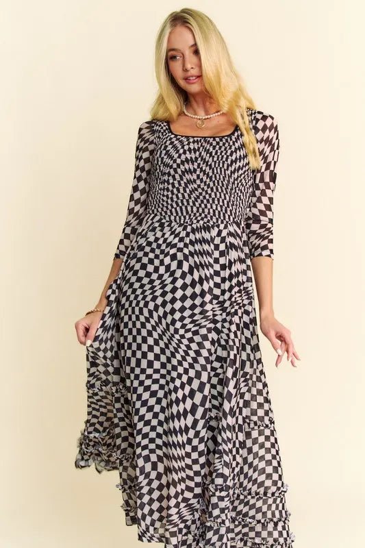 Davi & Dani Printed Checker Mesh Flowy Maxi Dress
