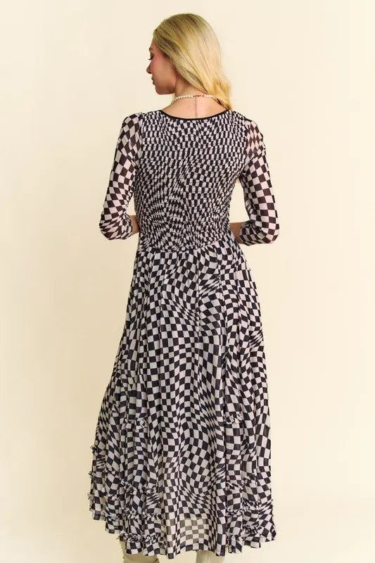 Davi & Dani Printed Checker Mesh Flowy Maxi Dress
