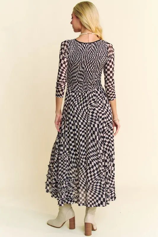 Davi & Dani Printed Checker Mesh Flowy Maxi Dress