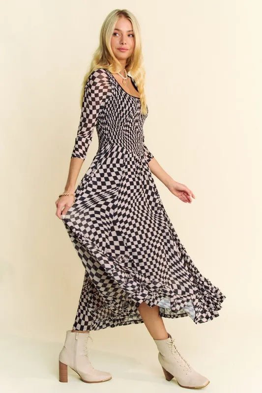 Davi & Dani Printed Checker Mesh Flowy Maxi Dress