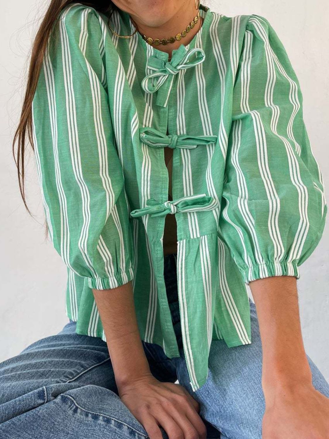 Tied Round Neck Balloon Sleeve Shirt - Classique Collection