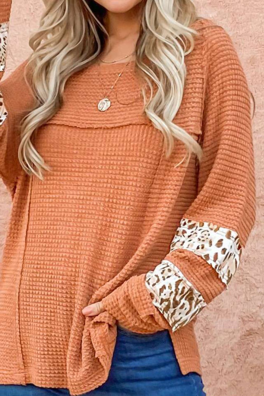 Waffle-Knit Leopard Long Sleeve Slit Blouse - Classique Collection