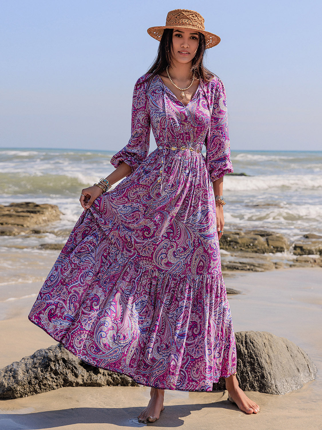 Printed Tie Neck Balloon Sleeve Maxi Dress - Classique Collection