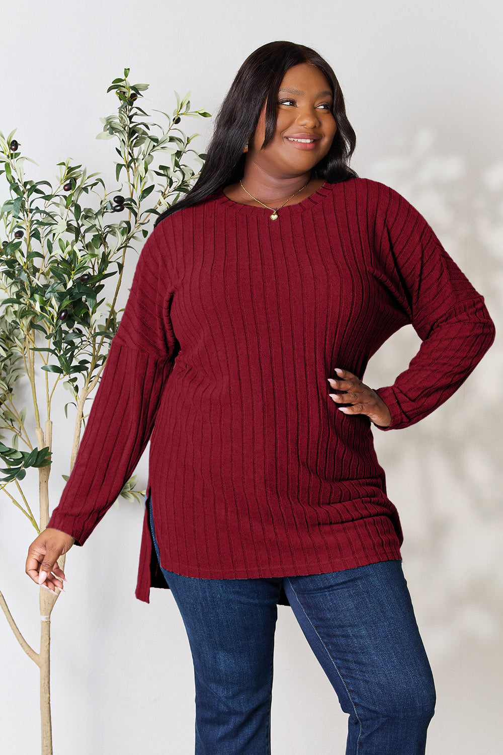 Basic Bae Full Size Ribbed Round Neck Long Sleeve Slit Top - Classique Collection