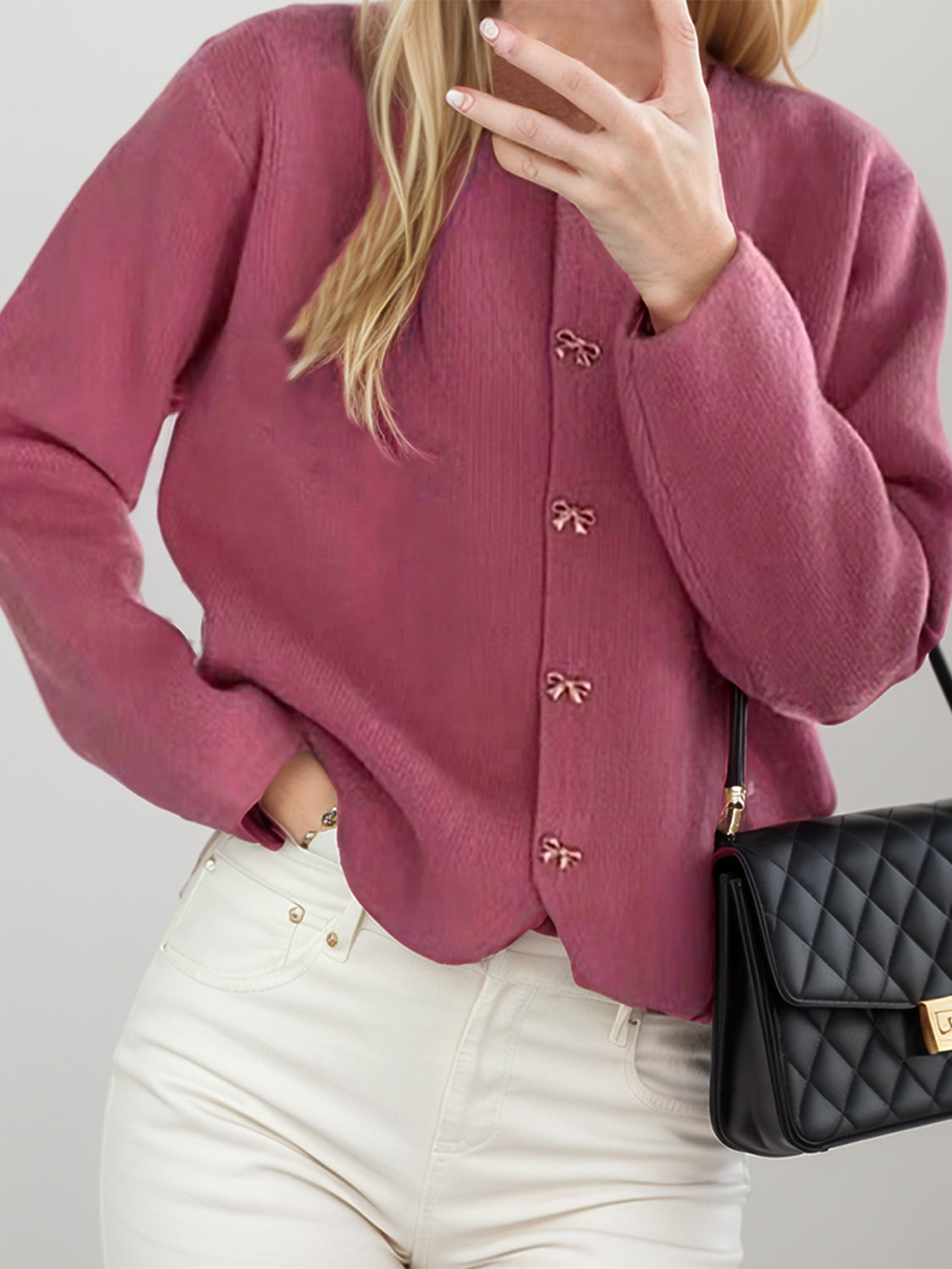 Bow Button Down Round Neck Long Sleeve Cardigan - Classique Collection