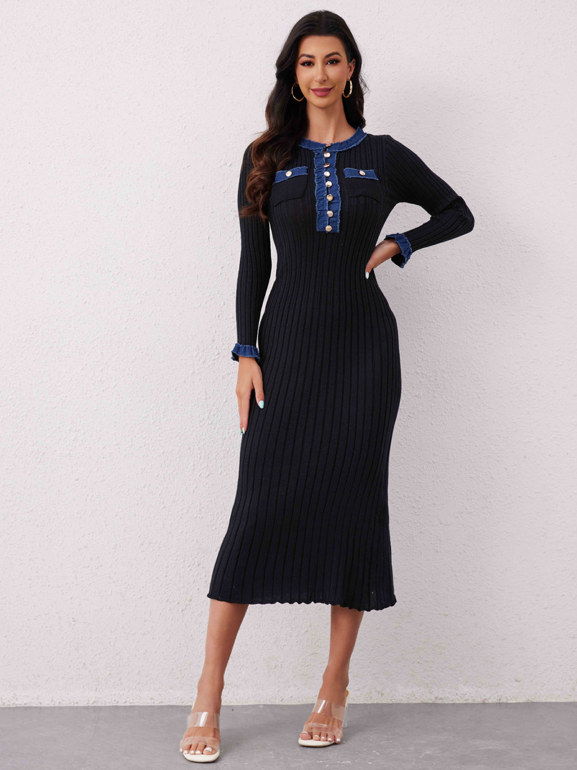 Contrast Trim Round Neck Long Sleeve Sweater Dress - Classique Collection
