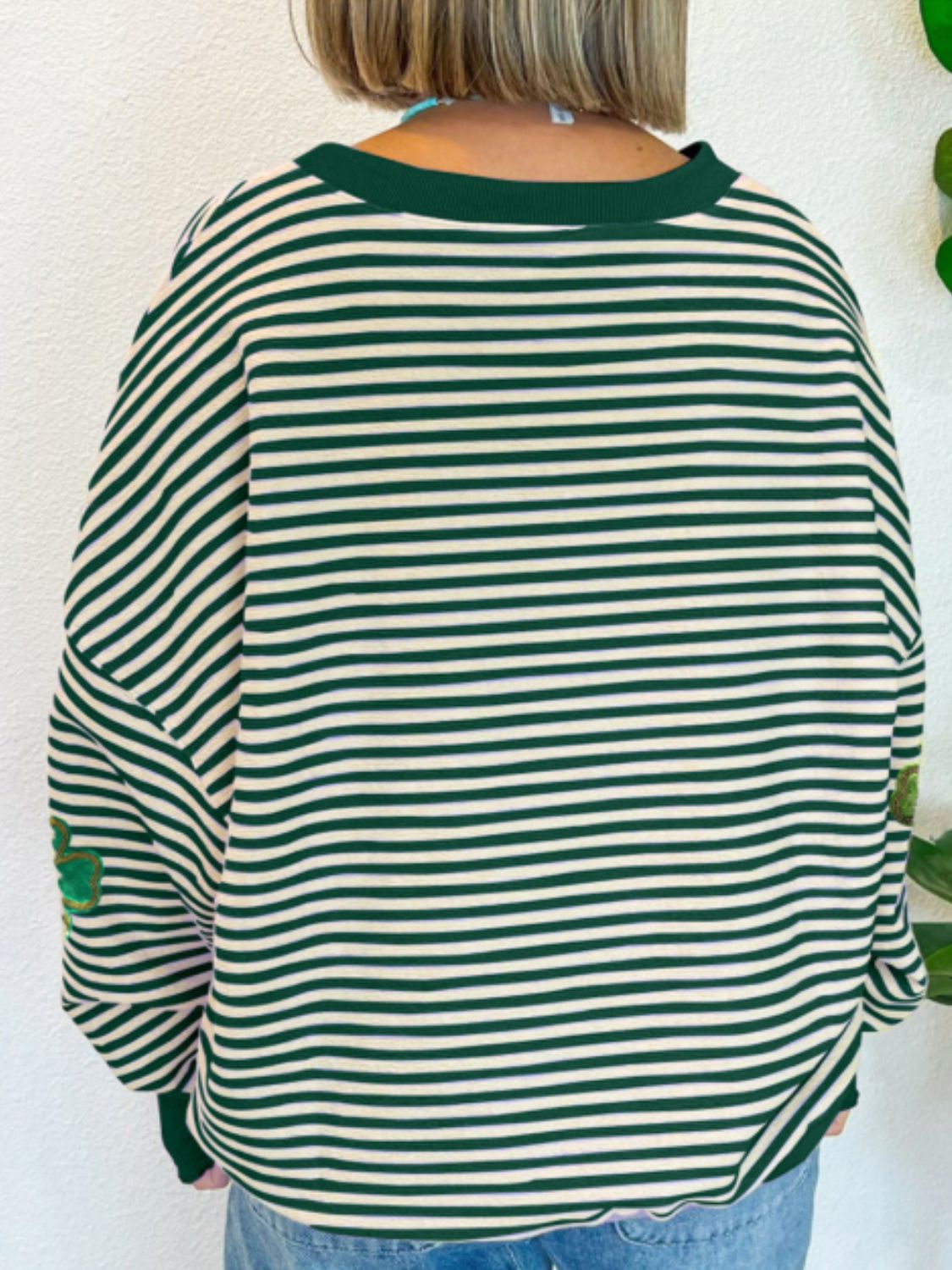 Stripe Lucky Clover Drop Shoulder Sweatshirt - ClassiQ