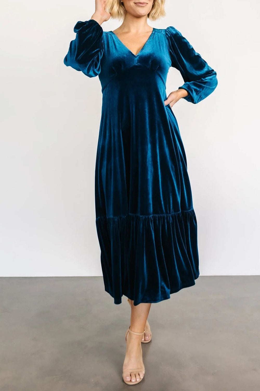 V-Neck Long Sleeve Midi Velvet Dress - Classique Collection