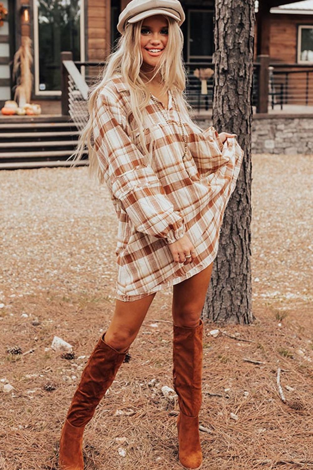 Plaid Collared Neck Long Sleeve Mini Shirt Dress - Classique Collection