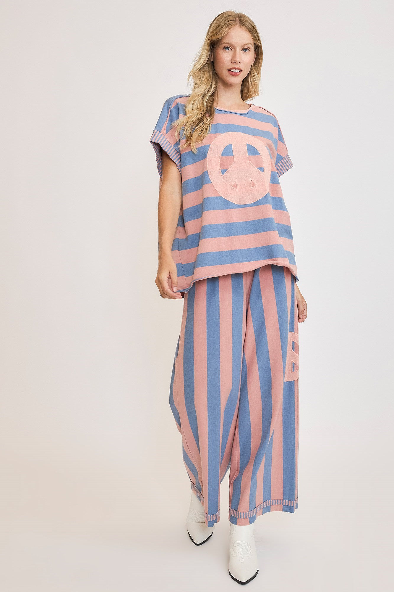 Umgee Peace Sign Patch Striped French Terry T-Shirt - Classique Collection