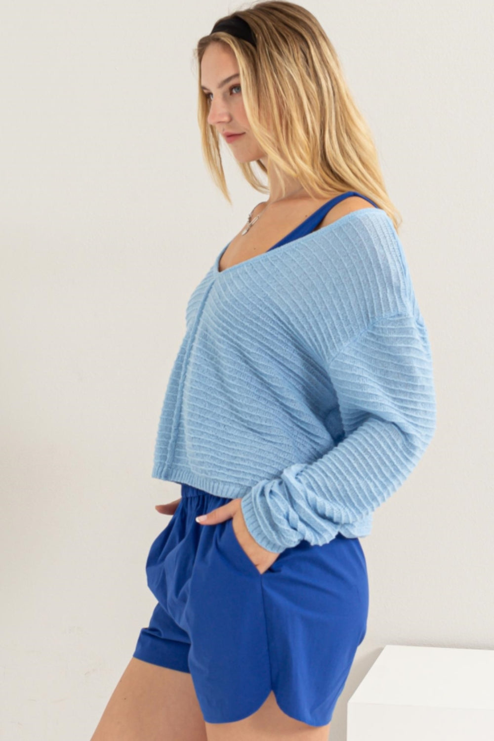 HYFVE V-Neck Stripe Texture Long Sleeve Top - Classique Collection