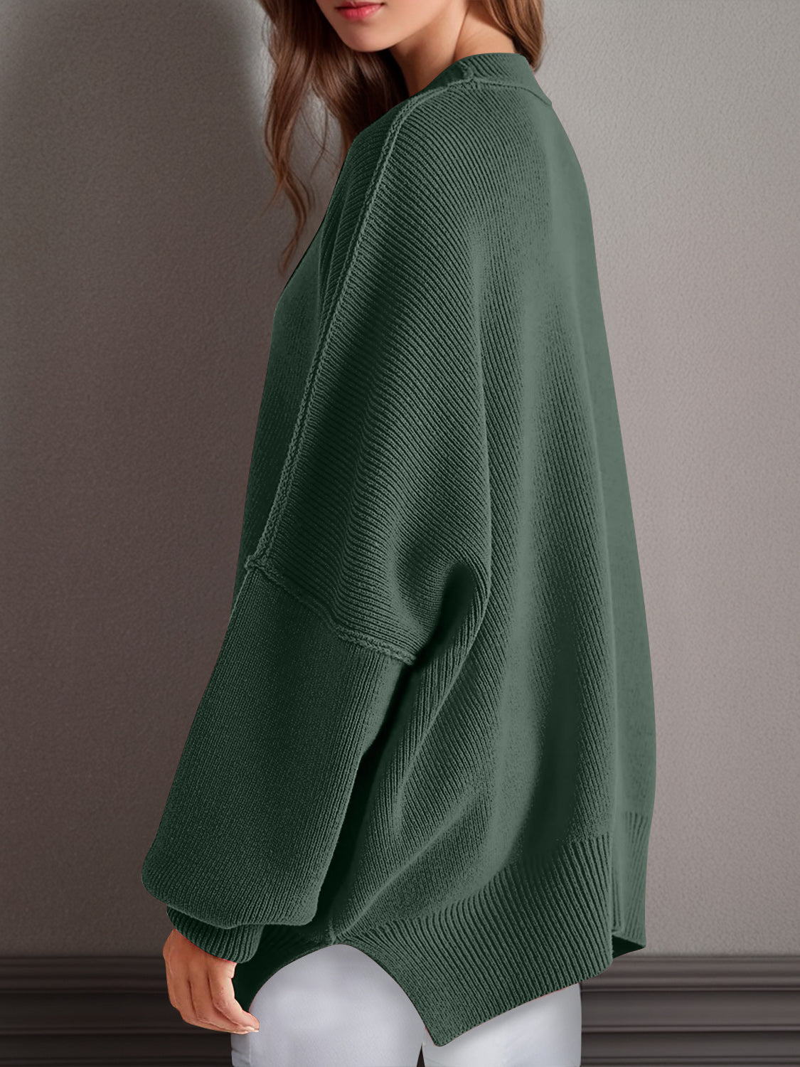 Double Take Side Slit Round Neck Long Sleeve Sweater - ClassiQ