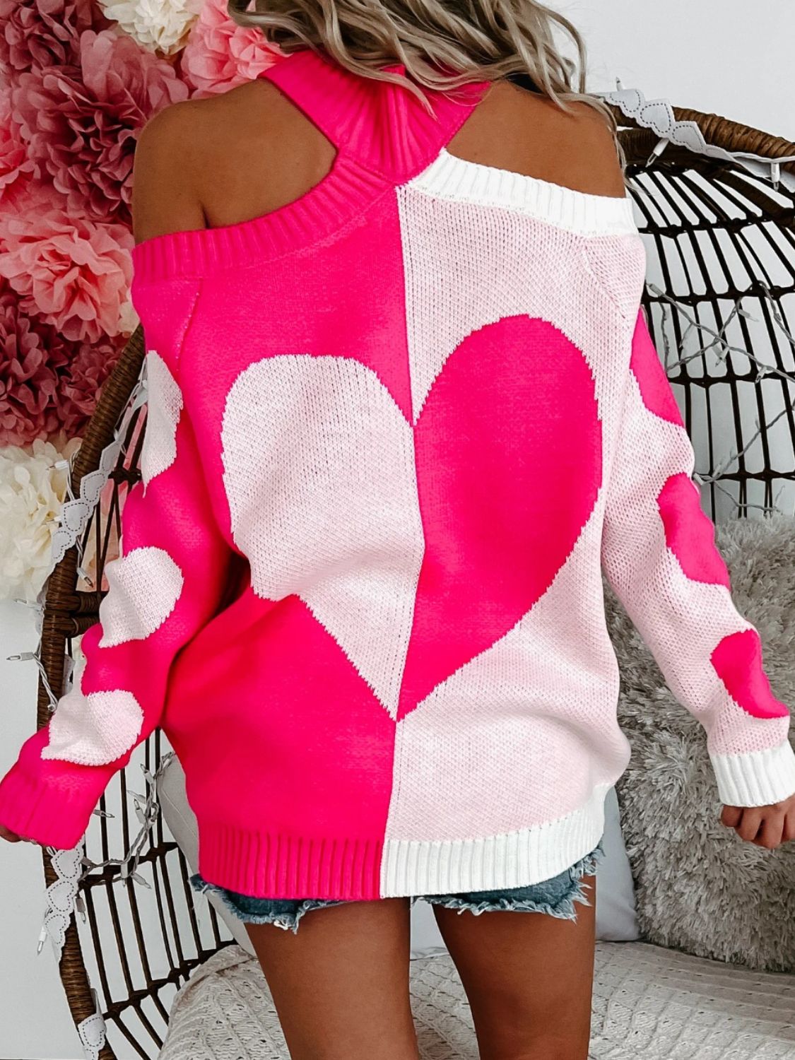 Valentine's Day Heart Turtleneck Cold Shoulder Sweater - ClassiQ
