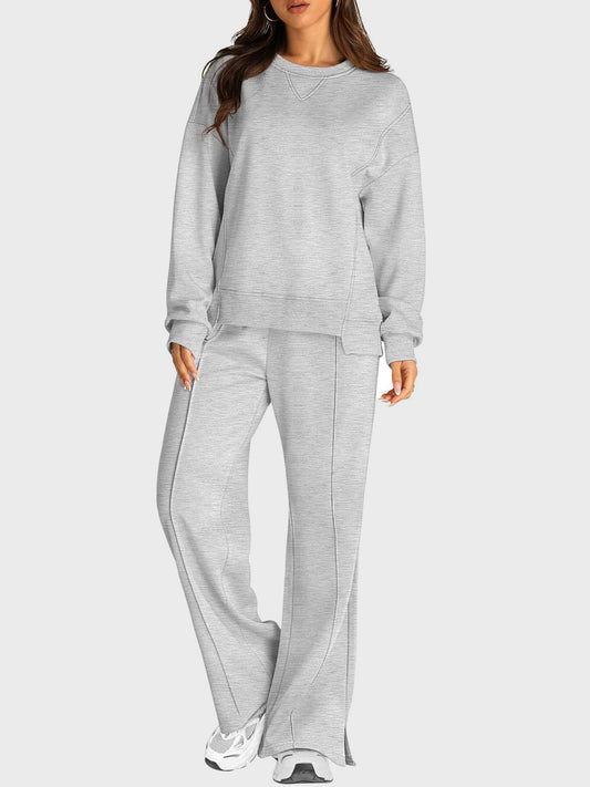 Round Neck Long Sleeve Top and Slit Pants Set - ClassiQ