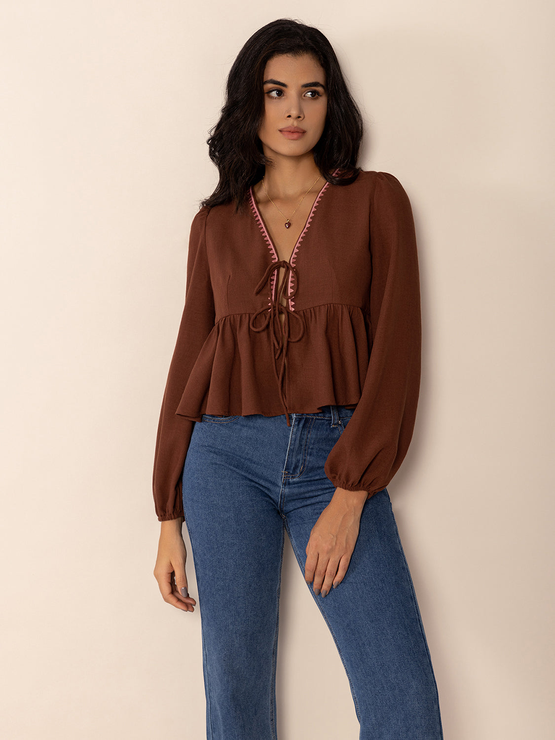 Peplum Tied V-Neck Long Sleeve Blouse - Classique Collection