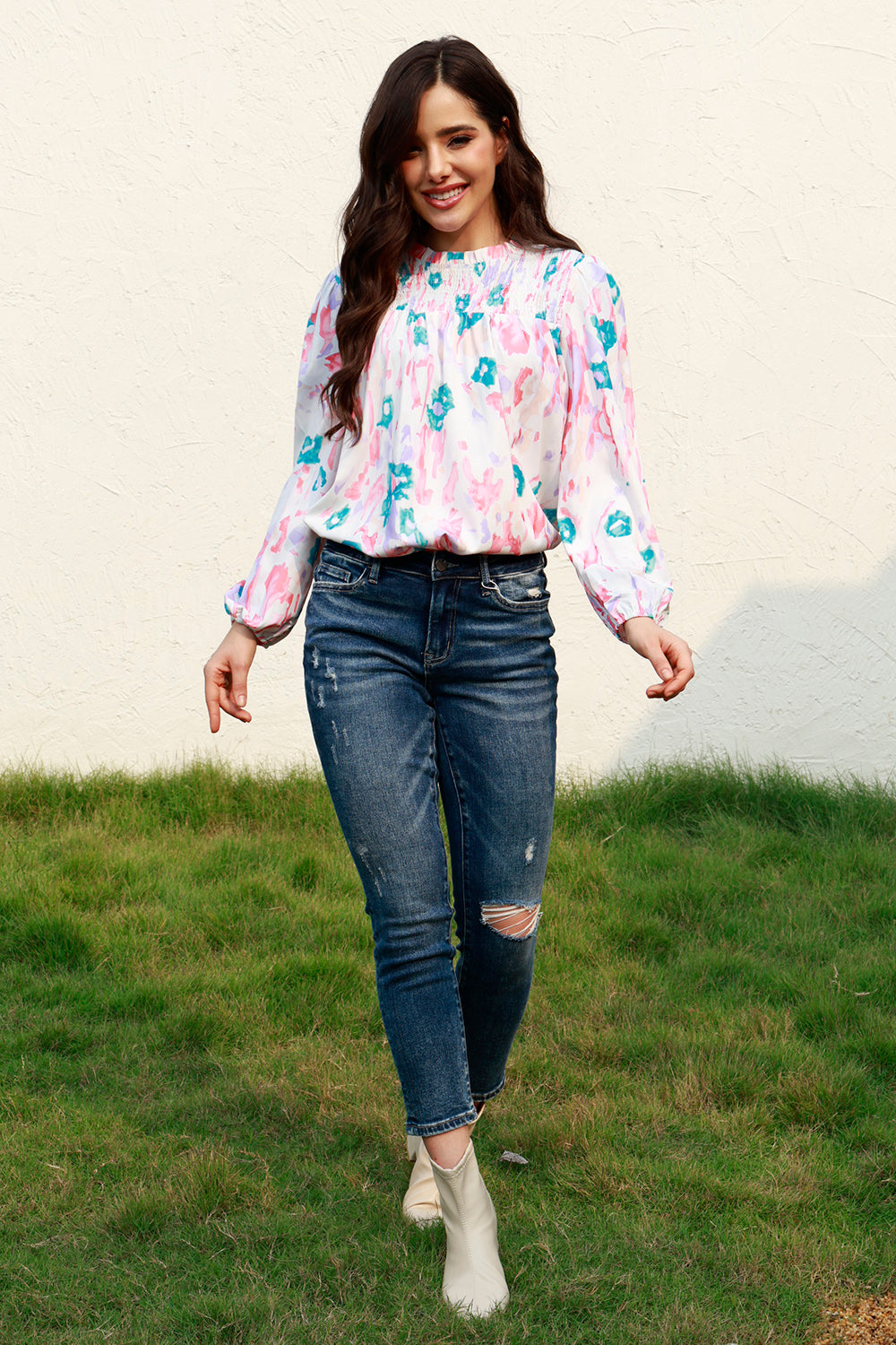 Floral Smocked Balloon Sleeve Round Neck Blouse - Classique Collection