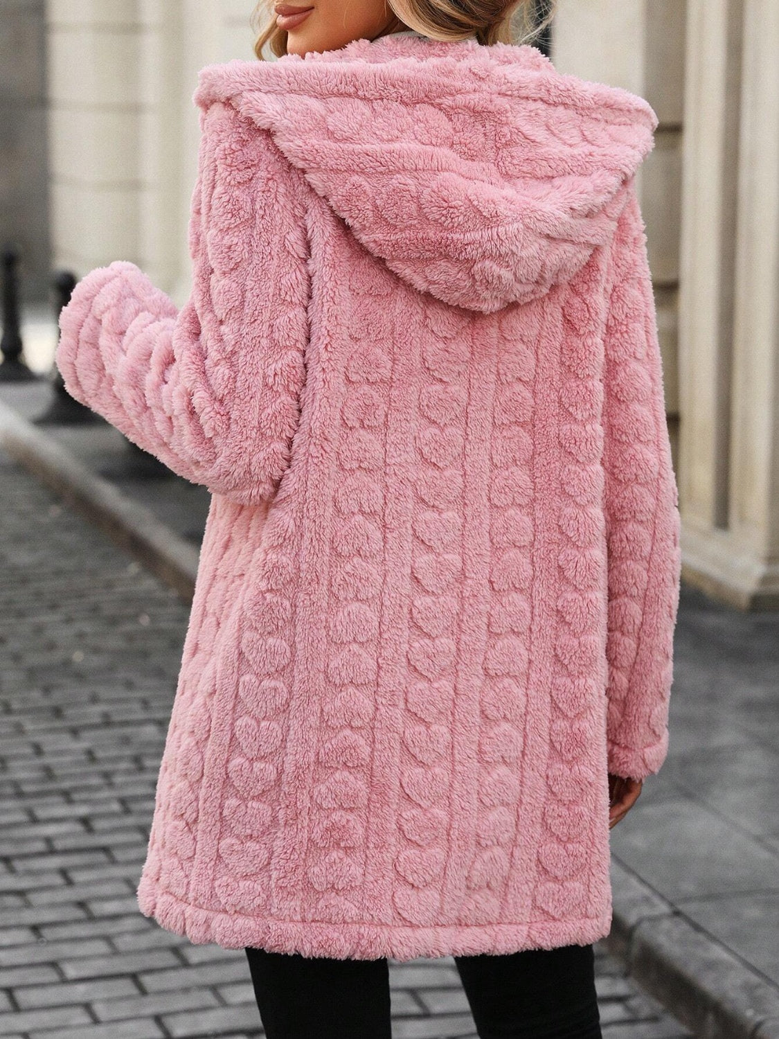 Heart Open Front Hooded Fuzzy Coat - ClassiQ