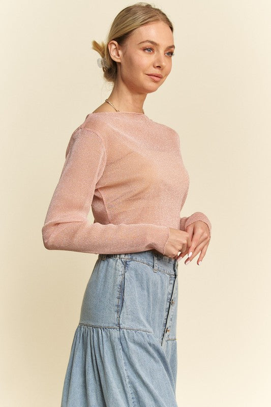 Davi & Dani Glitter Mesh Lettuce Hem Long Sleeve Top - Classique Collection
