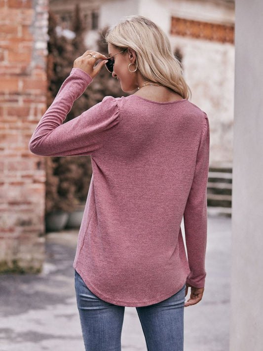 Mandy Pleated Detail Curved Hem Long Sleeve Top - ClassiQ